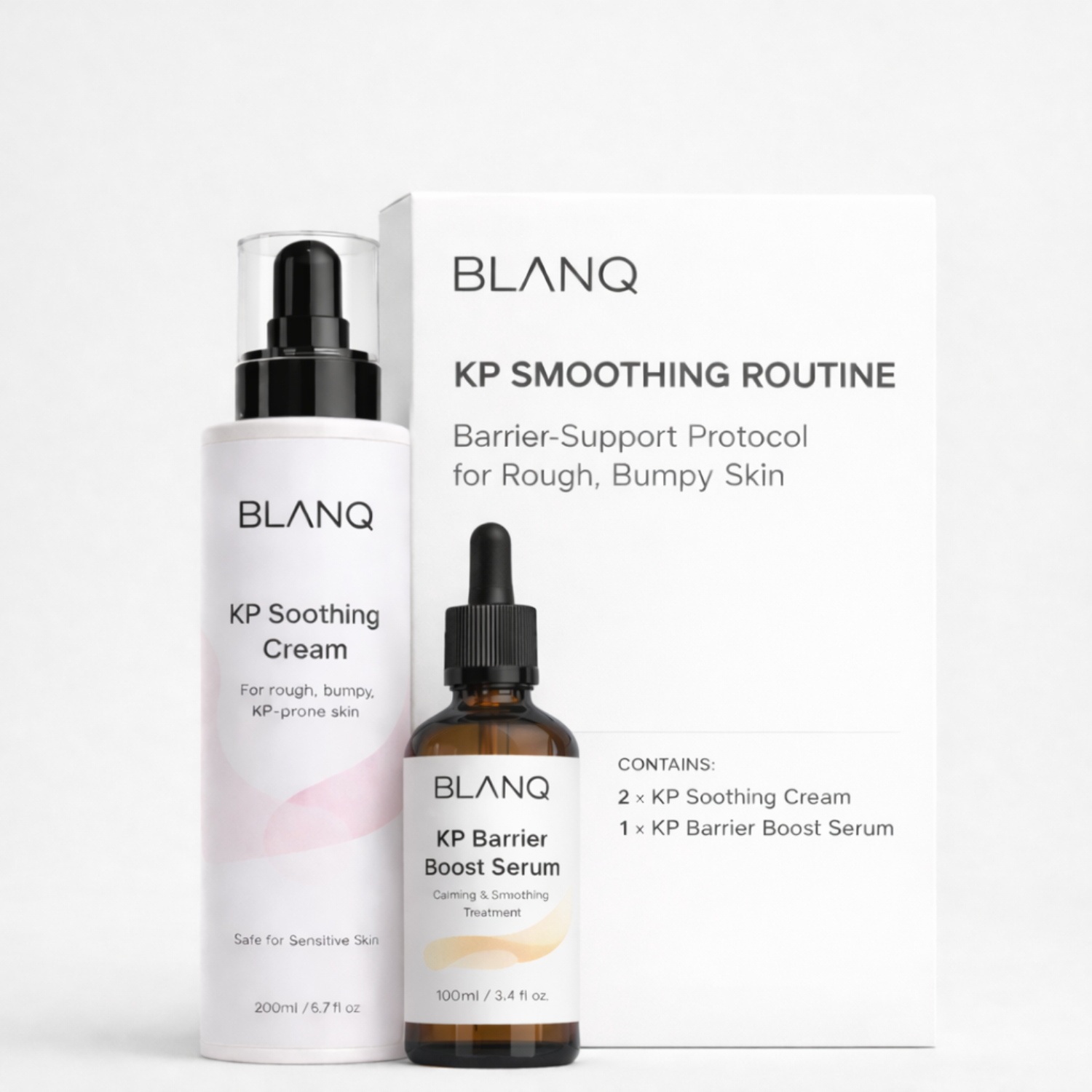 BLANQ KP Soothing Cream and Barrier Boost Serum with packaging on a white background